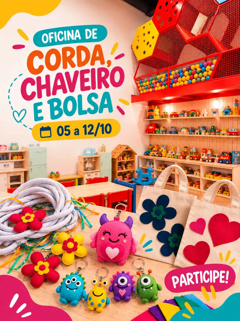 Cartaz da Oficina de Corda, Chaveiro e Bolsa, de 05 a 12 de outubro, com chaveirinhos de feltro em formato de monstrinhos e flores, bolsas decoradas e cordas coloridas