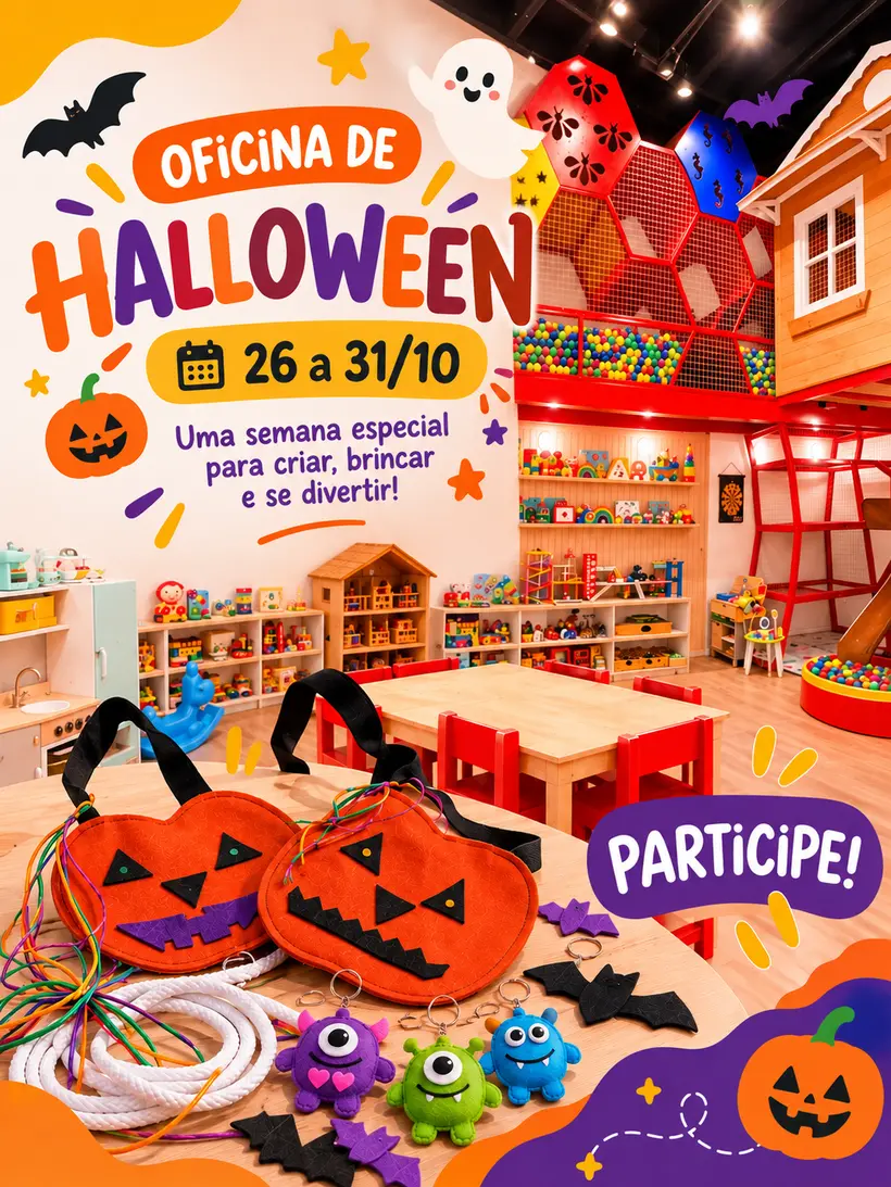 Cartaz da Oficina de Halloween, de 26 a 31 de outubro, com bolsinhas de abóbora em feltro, chaveiros de monstrinhos e morceguinhos